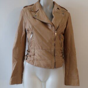 Womens Ash Tan Full Zip Leather Moto Jacket M